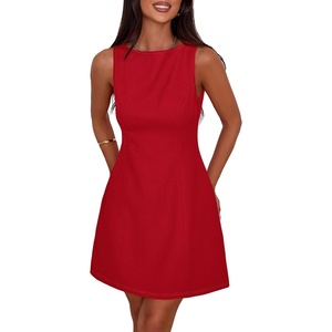PRETTYGARDEN Women’s Formal Short Dresses A Line Mini Dress | Sleeveless, Boat Neck, Elegant Classy, Wedding Guest Dresses, Holiday Party, Graduation Cocktail, Business Casual Work Wear(Red)