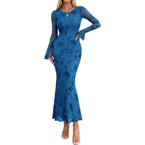 PRETTYGARDEN Women’s Long Sleeve Floral Maxi Mesh Dress | Fall Formal Wedding Guest Dresses, Bodycon Mermaid, Sheer Bell Sleeves, Elegant Date Night Outfit for Cocktail, Holiday Party(Blue)