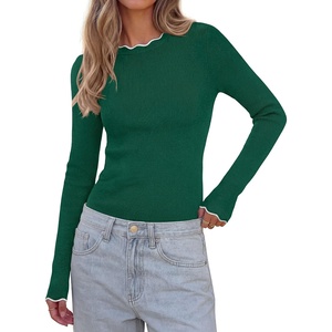 PRETTYGARDEN Women’s Long Sleeve Ribbed Knit Pullover Sweaters | Contrast Trim, Going Out Tops, Soft Stretch Fabric, Slim Fitted, Scallop Edge, Casual Fall Outfits, Layering Winter Clothing(Green)
