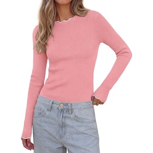 PRETTYGARDEN Women’s Long Sleeve Ribbed Knit Pullover Sweaters | Contrast Trim, Going Out Tops, Soft Stretch Fabric, Slim Fitted, Scallop Edge, Casual Fall Outfits, Layering Winter Clothing(Pink)