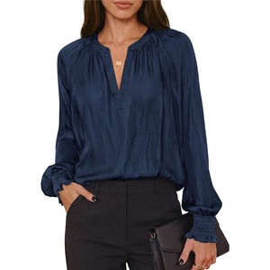 PRETTYGARDEN Women’s Satin Blouses V Neck Long Sleeve Tops | Dressy Silk Shirts, Smocked Cuff, Balloon Sleeves, Smooth & Soft, Work Office Wear, Business Casual Outfits, Fall Clothes(Navy Blue)