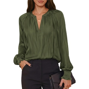 PRETTYGARDEN Women’s Satin Blouses V Neck Long Sleeve Tops | Dressy Silk Shirts, Smocked Cuff, Balloon Sleeves, Smooth & Soft, Work Office Wear, Business Casual Outfits, Fall Clothes(Army Green)