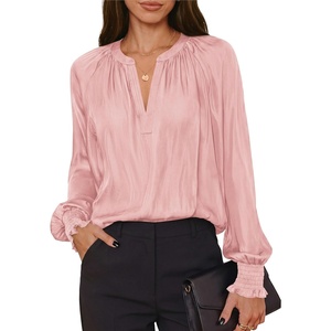 PRETTYGARDEN Women’s Satin Blouses V Neck Long Sleeve Tops | Dressy Silk Shirts, Smocked Cuff, Balloon Sleeves, Smooth & Soft, Work Office Wear, Business Casual Outfits, Fall Clothes(Pink)