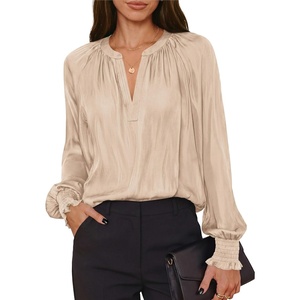 PRETTYGARDEN Women’s Satin Blouses V Neck Long Sleeve Tops | Dressy Silk Shirts, Smocked Cuff, Balloon Sleeves, Smooth & Soft, Work Office Wear, Business Casual Outfits, Fall Clothes(Beige)