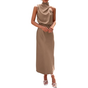 PRETTYGARDEN Women’s Summer Satin Maxi Cocktail Dress | Silk Fabric,Sleeveless Mock Neck,Fit and Flare,Asymmetrical Long Dresses,Elegant Formal,Wedding Guest Party,Cruise Outfits(Champagne)
