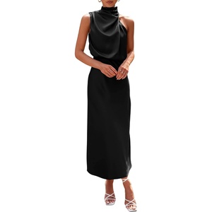 PRETTYGARDEN Women’s Summer Satin Maxi Cocktail Dress | Silk Fabric,Sleeveless Mock Neck,Fit and Flare,Asymmetrical Long Dresses,Elegant Formal,Wedding Guest Party,Cruise Outfits(Black)