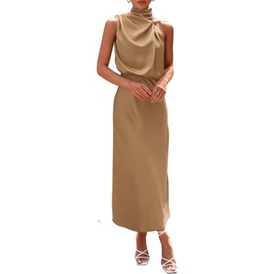 PRETTYGARDEN Women’s Summer Satin Maxi Cocktail Dress | Silk Fabric,Sleeveless Mock Neck,Fit and Flare,Asymmetrical Long Dresses,Elegant Formal,Wedding Guest Party,Cruise Outfits(Light Khaki)
