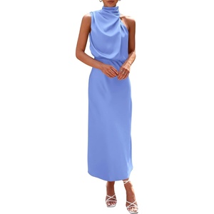 PRETTYGARDEN Women’s Summer Satin Maxi Cocktail Dress | Silk Fabric,Sleeveless Mock Neck,Fit and Flare,Asymmetrical Long Dresses,Elegant Formal,Wedding Guest Party,Cruise Outfits(Blue)