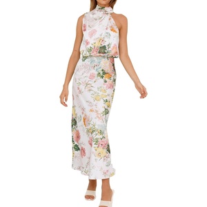 PRETTYGARDEN Women’s Summer Satin Maxi Cocktail Dress | Silk Fabric,Sleeveless Mock Neck,Fit and Flare,Asymmetrical Long Dresses,Elegant Formal,Wedding Guest Party,Cruise Outfits(Print White)
