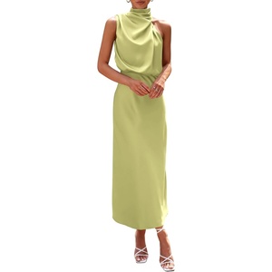 PRETTYGARDEN Women’s Summer Satin Maxi Cocktail Dress | Silk Fabric,Sleeveless Mock Neck,Fit and Flare,Asymmetrical Long Dresses,Elegant Formal,Wedding Guest Party,Cruise Outfits(Tender Green)