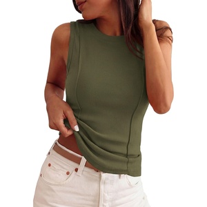 PRETTYGARDEN Women’s Summer Sleeveless Ribbed Tank Tops | Cute Y2K Spring Going Out Shirts, Crew Neck Seam Wide Strap Slim Fitted Cropped Tops, Garment Friendly(Army Green)