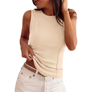 PRETTYGARDEN Women’s Summer Sleeveless Ribbed Tank Tops | Cute Y2K Spring Going Out Shirts, Crew Neck Seam Wide Strap Slim Fitted Cropped Tops, Garment Friendly(Beige)