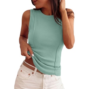 PRETTYGARDEN Women’s Summer Sleeveless Ribbed Tank Tops | Cute Y2K Spring Going Out Shirts, Crew Neck Seam Wide Strap Slim Fitted Cropped Tops, Garment Friendly(Sage Green)