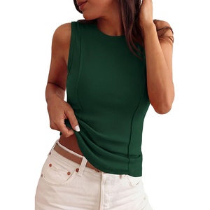 PRETTYGARDEN Women’s Summer Sleeveless Ribbed Tank Tops | Cute Y2K Spring Going Out Shirts, Crew Neck Seam Wide Strap Slim Fitted Cropped Tops, Garment Friendly(Forest Green)