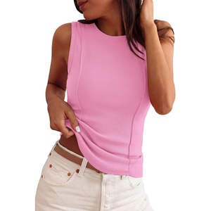 PRETTYGARDEN Women’s Summer Sleeveless Ribbed Tank Tops | Cute Y2K Spring Going Out Shirts, Crew Neck Seam Wide Strap Slim Fitted Cropped Tops, Garment Friendly(Light Pink)