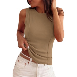 PRETTYGARDEN Women’s Summer Sleeveless Ribbed Tank Tops | Cute Y2K Spring Going Out Shirts, Crew Neck Seam Wide Strap Slim Fitted Cropped Tops, Garment Friendly(Camel)
