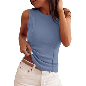 PRETTYGARDEN Women’s Summer Sleeveless Ribbed Tank Tops | Cute Y2K Spring Going Out Shirts, Crew Neck Seam Wide Strap Slim Fitted Cropped Tops, Garment Friendly(Grey Blue)
