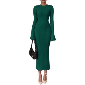 PRETTYGARDEN Women’s Sweater Dress Long Sleeve Maxi Dresses | Bell Sleeve Stretchy, Ribbed Knit Long Bodycon Fall Winter Wedding Guest Dress, Classy Party Holiday Outfits, Fashion Clothes(Green)