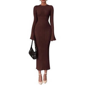PRETTYGARDEN Women’s Sweater Dress Long Sleeve Maxi Dresses | Bell Sleeve Stretchy, Ribbed Knit Long Bodycon Fall Winter Wedding Guest Dress, Classy Party Holiday Outfits, Fashion Clothes(Coffee)
