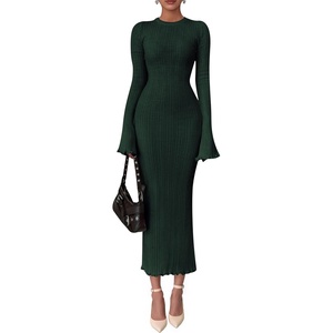 PRETTYGARDEN Women’s Sweater Dress Long Sleeve Maxi Dresses | Bell Sleeve Stretchy, Ribbed Knit Long Bodycon Fall Winter Wedding Guest Dress, Classy Party Holiday Outfits, Fashion Clothes(Army Green)