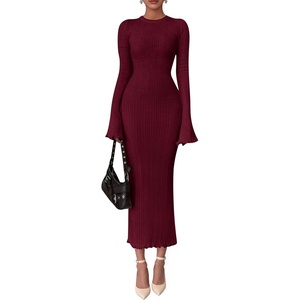 PRETTYGARDEN Women’s Sweater Dress Long Sleeve Maxi Dresses | Bell Sleeve Stretchy, Ribbed Knit Long Bodycon Fall Winter Wedding Guest Dress, Classy Party Holiday Outfits, Fashion Clothes(Wine Red)