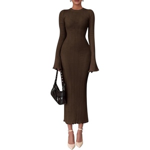PRETTYGARDEN Women’s Sweater Dress Long Sleeve Maxi Dresses | Bell Sleeve Stretchy, Ribbed Knit Long Bodycon Fall Winter Wedding Guest Dress, Classy Party Holiday Outfits, Fashion Clothes(Brown)