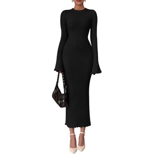 PRETTYGARDEN Women’s Sweater Dress Long Sleeve Maxi Dresses | Bell Sleeve Stretchy, Ribbed Knit Long Bodycon Fall Winter Wedding Guest Dress, Classy Party Holiday Outfits, Fashion Clothes(Black)