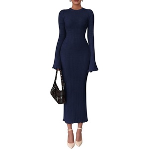 PRETTYGARDEN Women’s Sweater Dress Long Sleeve Maxi Dresses | Bell Sleeve Stretchy, Ribbed Knit Long Bodycon Fall Winter Wedding Guest Dress, Classy Party Holiday Outfits, Fashion Clothes(Navy Blue)