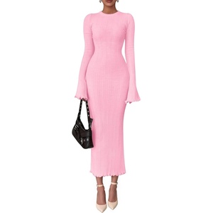 PRETTYGARDEN Women’s Sweater Dress Long Sleeve Maxi Dresses | Bell Sleeve Stretchy, Ribbed Knit Long Bodycon Fall Winter Wedding Guest Dress, Classy Party Holiday Outfits, Fashion Clothes(Pink)