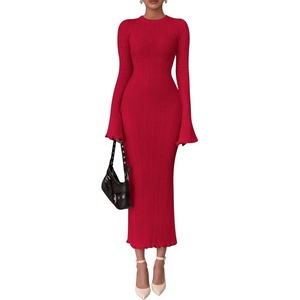 PRETTYGARDEN Women’s Sweater Dress Long Sleeve Maxi Dresses | Bell Sleeve Stretchy, Ribbed Knit Long Bodycon Fall Winter Wedding Guest Dress, Classy Party Holiday Outfits, Fashion Clothes(Red)