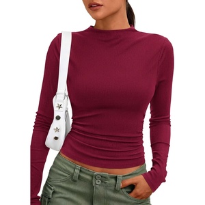 PRETTYGARDEN Womens Tops Casual Mock Neck Long Sleeve Shirts | Soft Stretchy Ribbed Knit, Ruched Slim Fit, Going Out Tops, Work, Date Outfits, Y2K Clothes, 2026 Fall Winter Basic Layering(Burgundy)