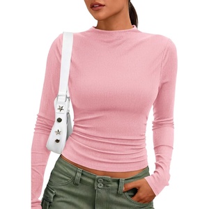 PRETTYGARDEN Womens Tops Casual Mock Neck Long Sleeve Shirts | Soft Stretchy Ribbed Knit, Ruched Slim Fit, Going Out Tops, Work, Date Outfits, Y2K Clothes, 2026 Fall Winter Basic Layering(Pink)