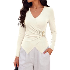 PRETTYGARDEN Womens Tops Dressy Long Sleeve V Neck Blouses | Ribbed Knit Wrap Top, Asymmetrical Hem, Ruched Elegant Shirts for Work, Date Night, Cocktail Party, Fall Clothes, Deco Buckle(Beige)