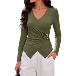 PRETTYGARDEN Womens Tops Dressy Long Sleeve V Neck Blouses | Ribbed Knit Wrap Top, Asymmetrical Hem, Ruched Elegant Shirts for Work, Date Night, Cocktail Party, Fall Clothes, Deco Buckle(Army Green)
