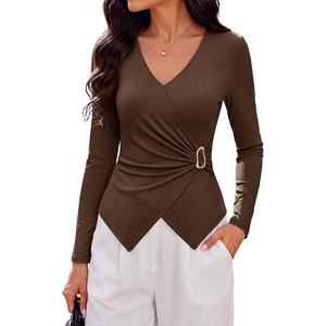 PRETTYGARDEN Womens Tops Dressy Long Sleeve V Neck Blouses | Ribbed Knit Wrap Top, Asymmetrical Hem, Ruched Elegant Shirts for Work, Date Night, Cocktail Party, Fall Clothes, Deco Buckle(Brown)