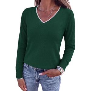 PRETTYGARDEN Women’s V Neck Sweater Long Sleeve Knit Tops | Contrast Trim, Cozy Lightweight Pullover, Loose Basic Soft, Business Casual, Holiday Vacation Outfits, Fall Winter Clothes(Dark Green)