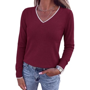 PRETTYGARDEN Women’s V Neck Sweater Long Sleeve Knit Tops | Contrast Trim, Cozy Lightweight Pullover, Loose Basic Soft, Business Casual, Holiday Vacation Outfits, Fall Winter Clothes(Wine Red)