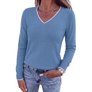PRETTYGARDEN Women’s V Neck Sweater Long Sleeve Knit Tops | Contrast Trim, Cozy Lightweight Pullover, Loose Basic Soft, Business Casual, Holiday Vacation Outfits, Fall Winter Clothes(Grey Blue)