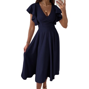 PRETTYGARDEN Women’s Wrap V Neck Midi Summer Dresses | Ruffled Flutter Sleeves, Flowy Pleated A Line, High Waist, Elegant Spring Dress for Wedding Guest, Cocktail Party, Date Night(Navy)