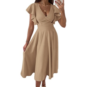 PRETTYGARDEN Women’s Wrap V Neck Midi Summer Dresses | Ruffled Flutter Sleeves, Flowy Pleated A Line, High Waist, Elegant Spring Dress for Wedding Guest, Cocktail Party, Date Night(Khaki)