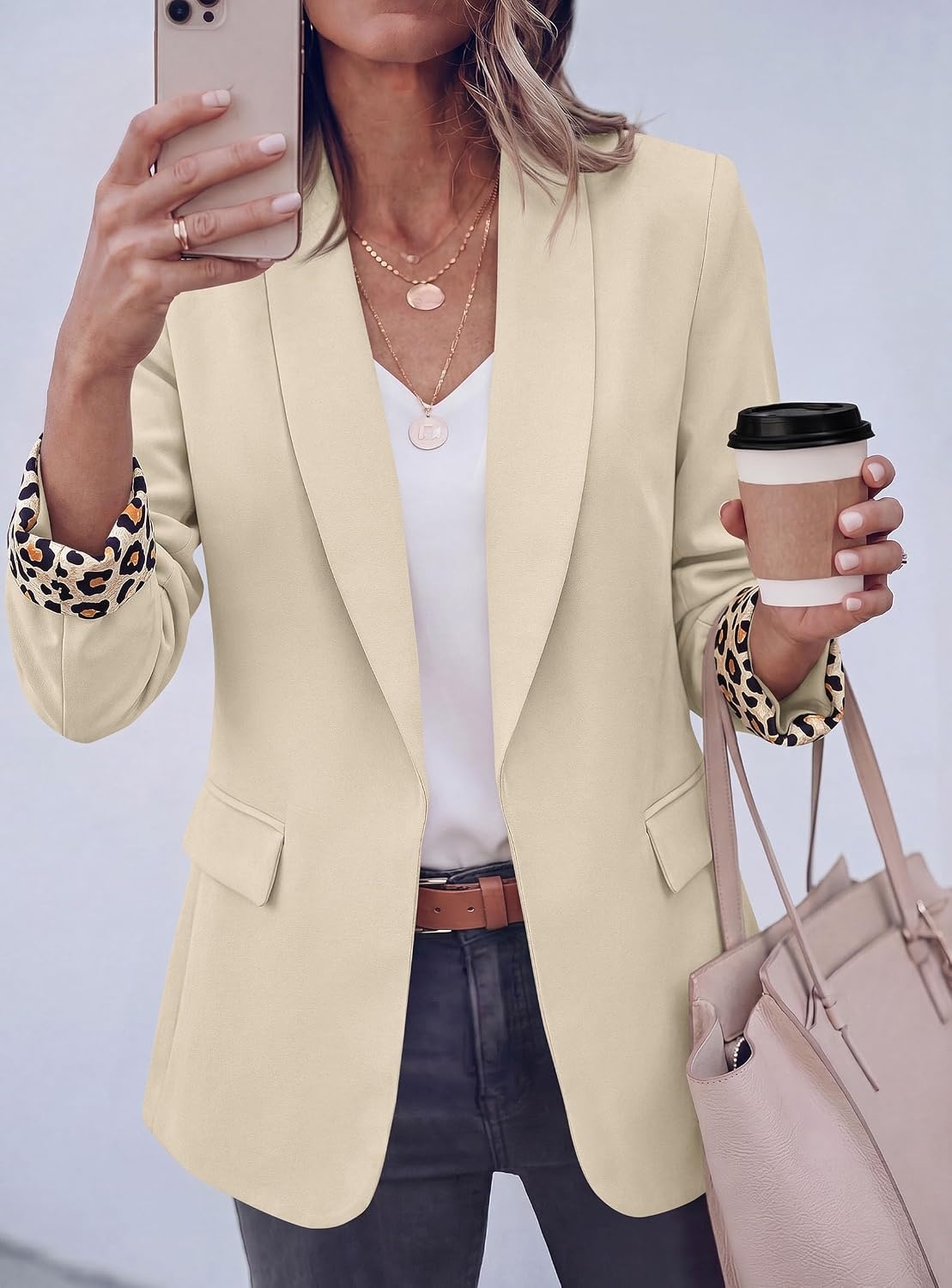 image:imagePRETTYGARDEN Womens Business Casual Blazers Suit Jacket Lapel Loose Fit Blazer Long Sleeve Open Front Leopard Print Cuffs Dressy Casual Office Work Clothes Fall Winter FashionBeige