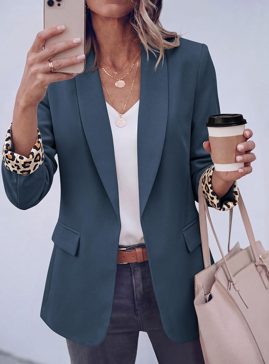 image:imagePRETTYGARDEN Womens Business Casual Blazers Suit Jacket Lapel Loose Fit Blazer Long Sleeve Open Front Leopard Print Cuffs Dressy Casual Office Work Clothes Fall Winter FashionDark Blue