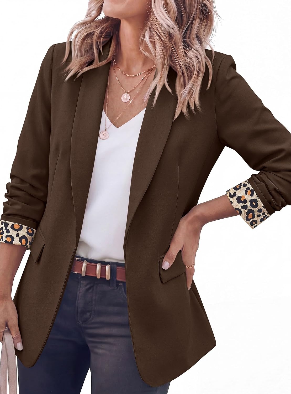 image:imagePRETTYGARDEN Womens Business Casual Blazers Suit Jacket Lapel Loose Fit Blazer Long Sleeve Open Front Leopard Print Cuffs Dressy Casual Office Work Clothes Fall Winter FashionDark Brown