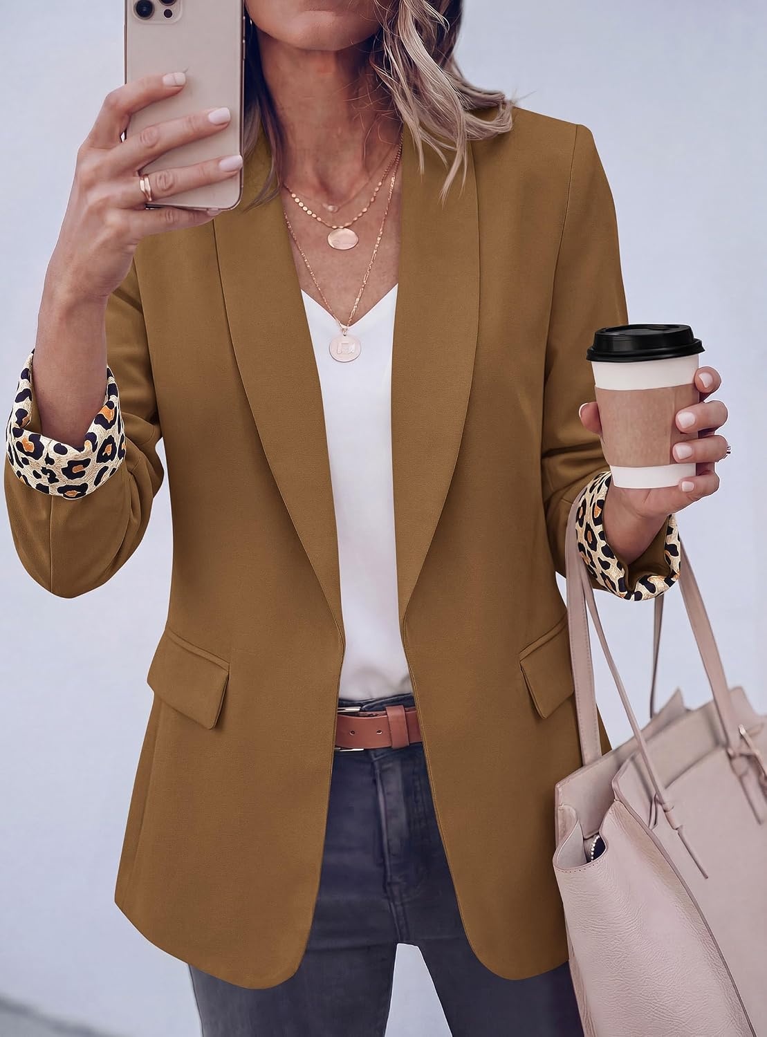 image:imagePRETTYGARDEN Womens Business Casual Blazers Suit Jacket Lapel Loose Fit Blazer Long Sleeve Open Front Leopard Print Cuffs Dressy Casual Office Work Clothes Fall Winter FashionCoffee