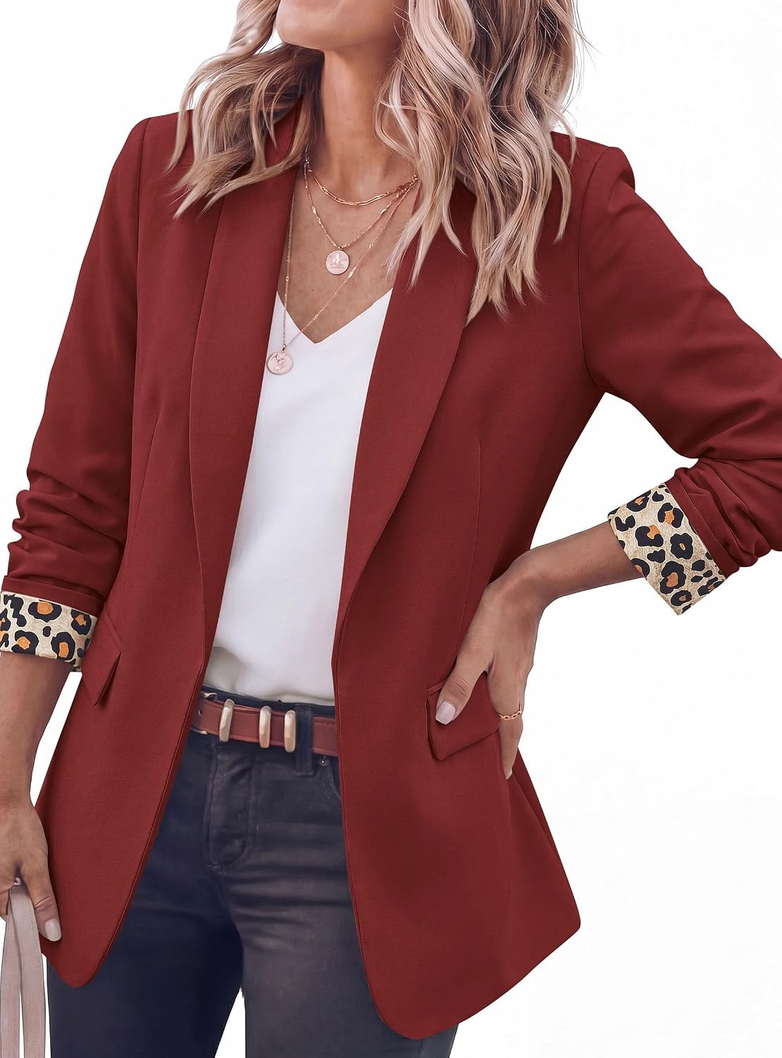 image:imagePRETTYGARDEN Womens Business Casual Blazers Suit Jacket Lapel Loose Fit Blazer Long Sleeve Open Front Leopard Print Cuffs Dressy Casual Office Work Clothes Fall Winter FashionBurgundy