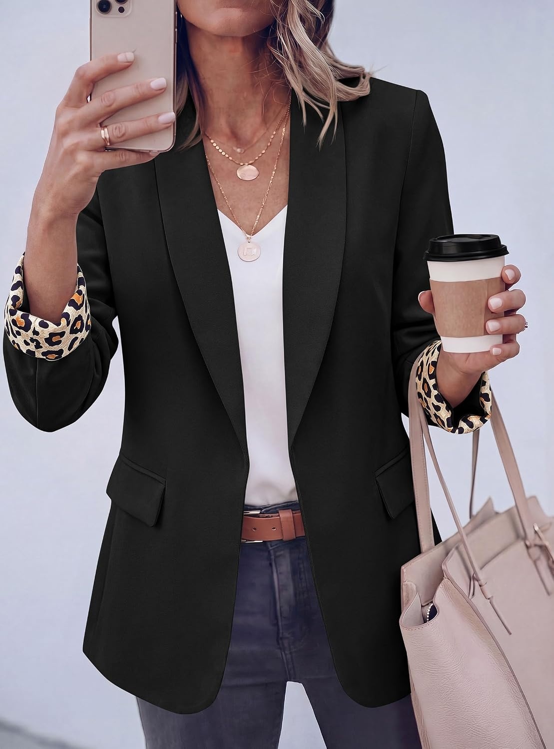 image:imagePRETTYGARDEN Womens Business Casual Blazers Suit Jacket Lapel Loose Fit Blazer Long Sleeve Open Front Leopard Print Cuffs Dressy Casual Office Work Clothes Fall Winter FashionBlack
