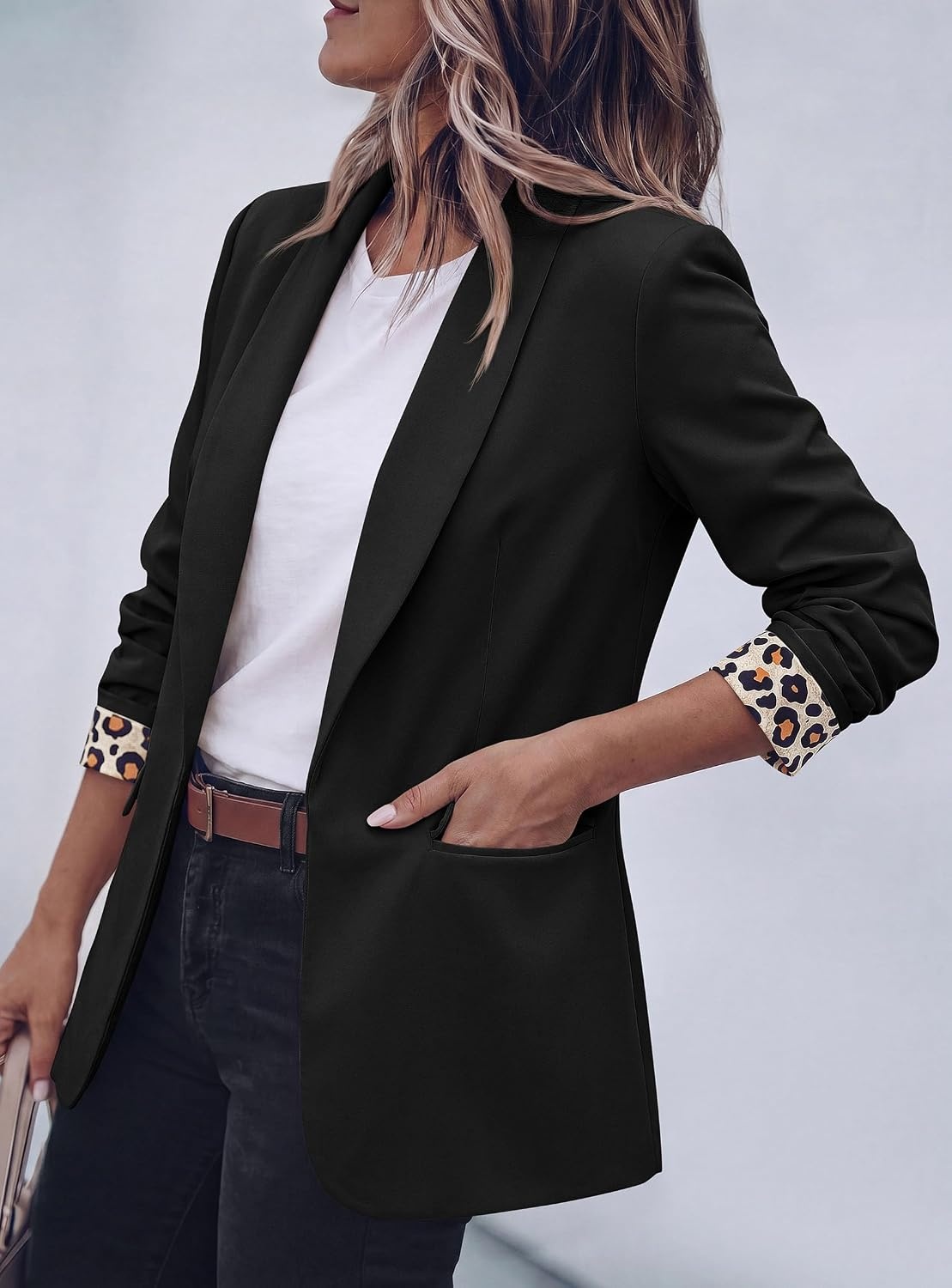 image:imagePRETTYGARDEN Womens Business Casual Blazers Suit Jacket Lapel Loose Fit Blazer Long Sleeve Open Front Leopard Print Cuffs Dressy Casual Office Work Clothes Fall Winter FashionBlack