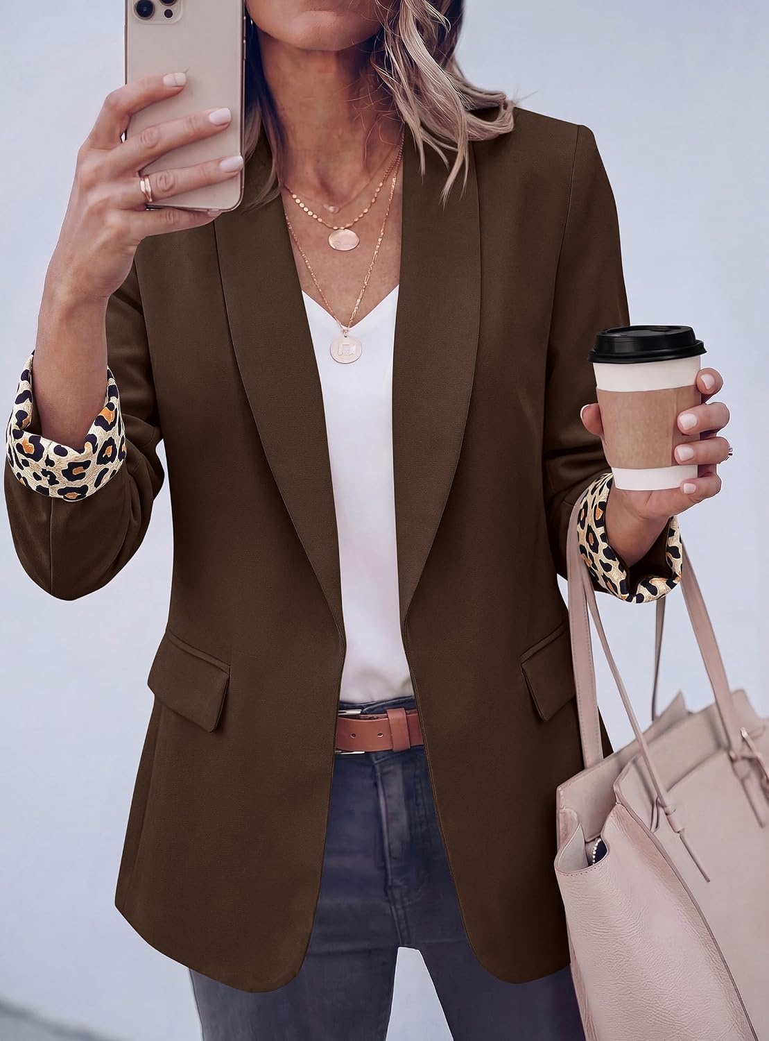 image:imagePRETTYGARDEN Womens Business Casual Blazers Suit Jacket Lapel Loose Fit Blazer Long Sleeve Open Front Leopard Print Cuffs Dressy Casual Office Work Clothes Fall Winter FashionDark Brown