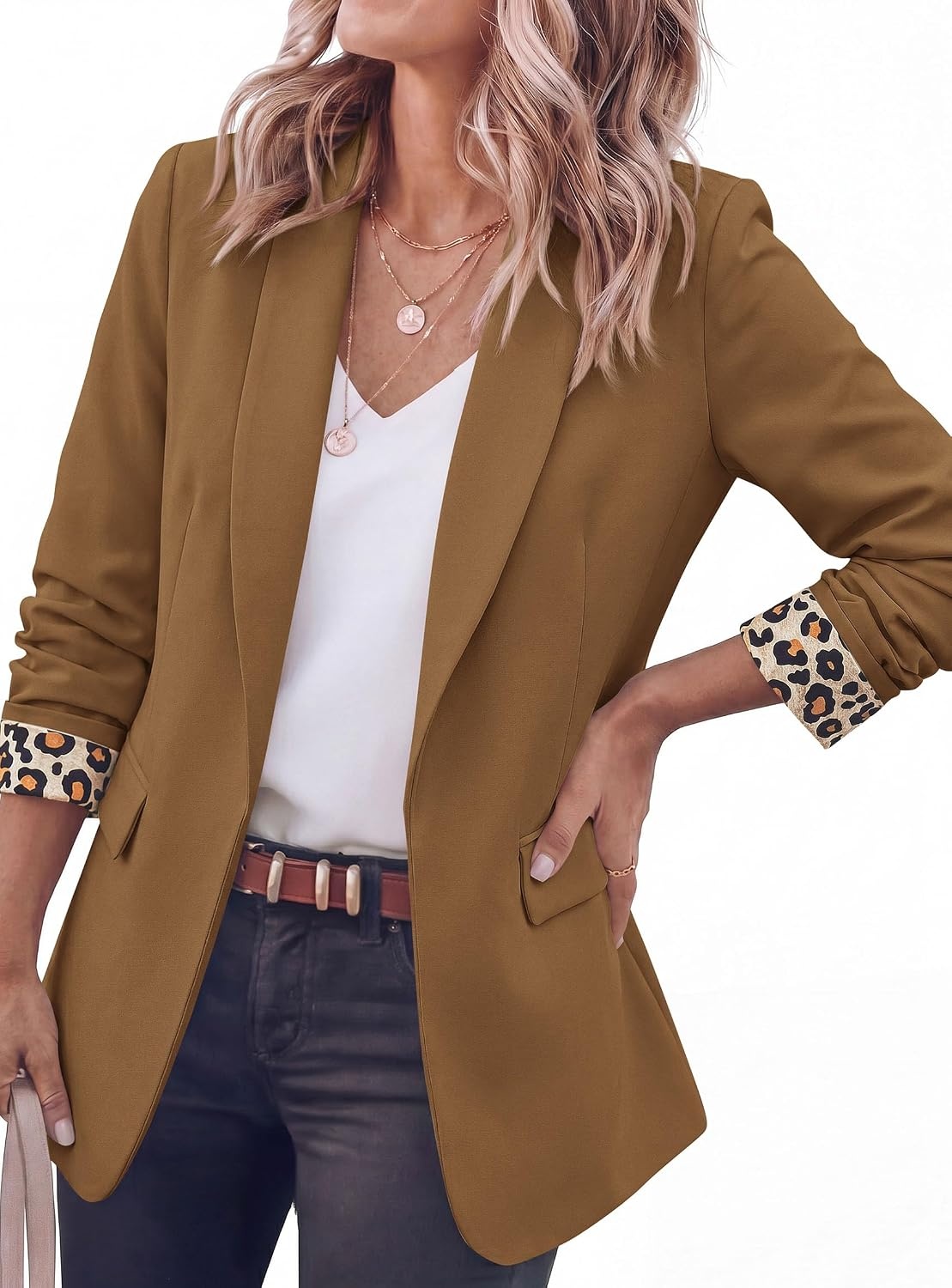 image:imagePRETTYGARDEN Womens Business Casual Blazers Suit Jacket Lapel Loose Fit Blazer Long Sleeve Open Front Leopard Print Cuffs Dressy Casual Office Work Clothes Fall Winter FashionCoffee