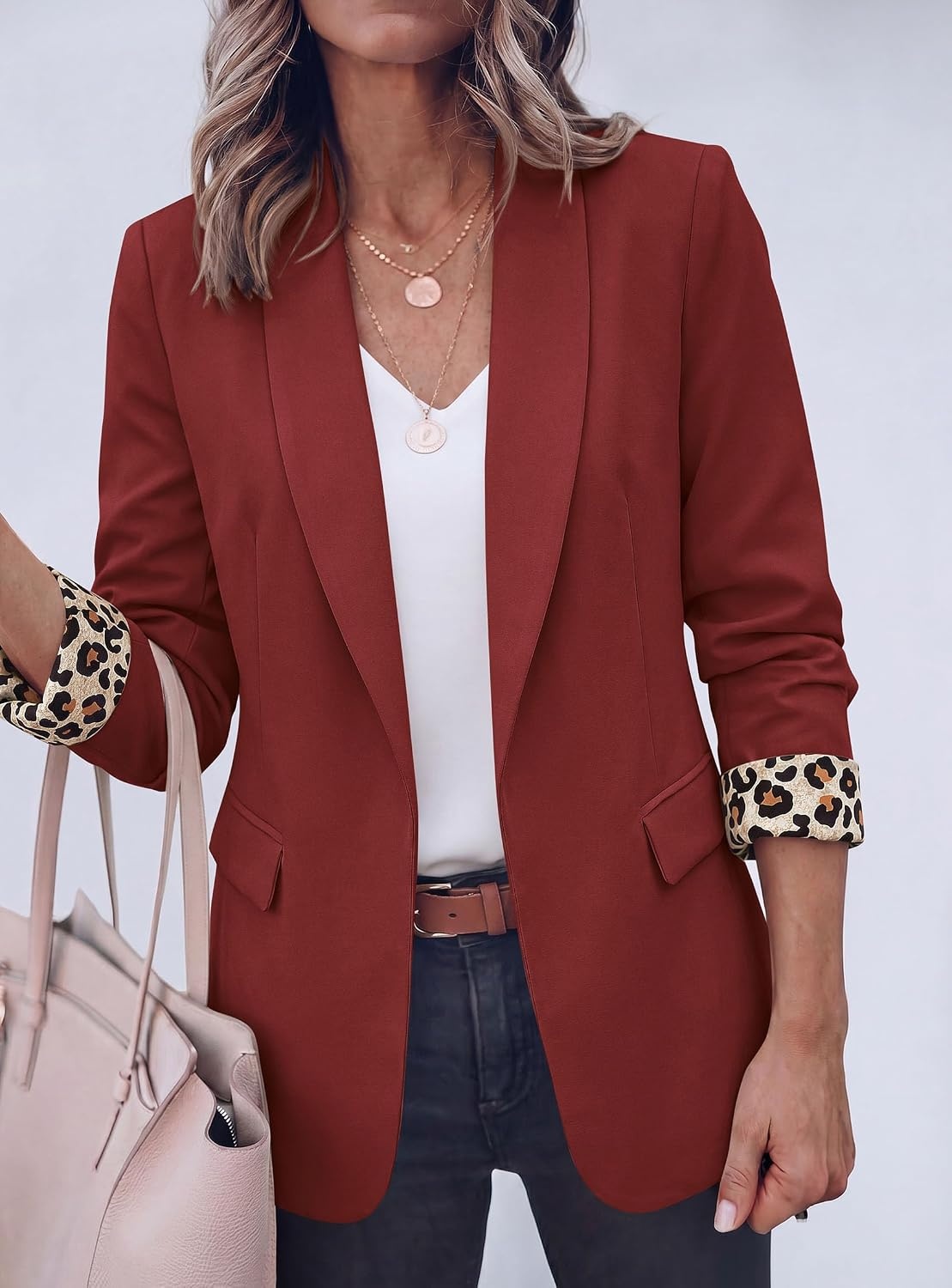 image:imagePRETTYGARDEN Womens Business Casual Blazers Suit Jacket Lapel Loose Fit Blazer Long Sleeve Open Front Leopard Print Cuffs Dressy Casual Office Work Clothes Fall Winter FashionBurgundy